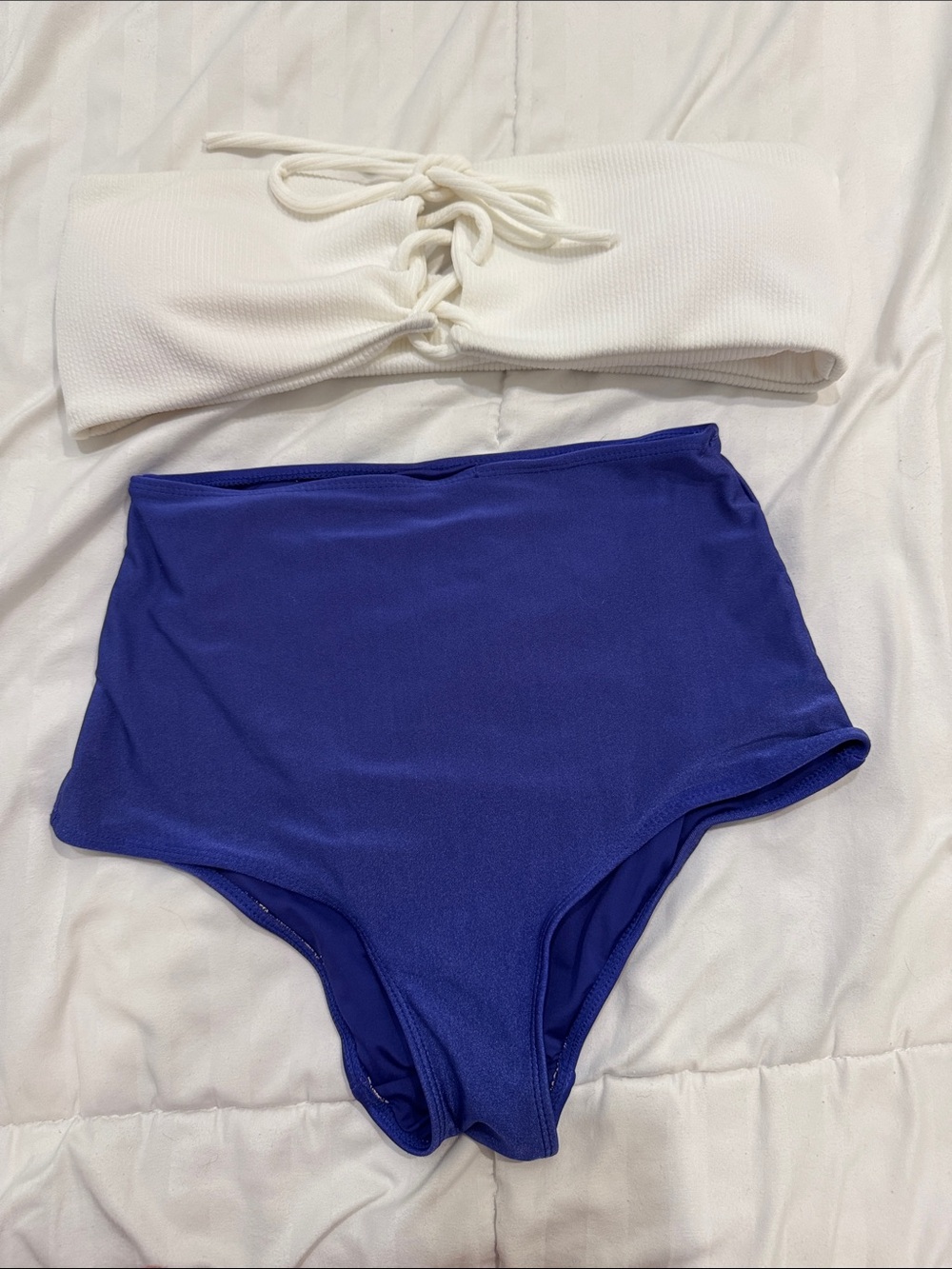 White Lace-Up Bandeau & Royal Blue High-Waist Bikini Set